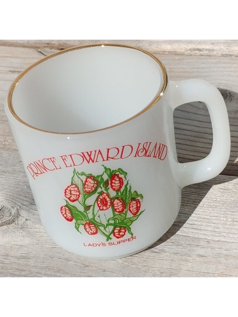 Rare Glasbake Prince Edward Island Lady's Slipper Milk Glass Mug